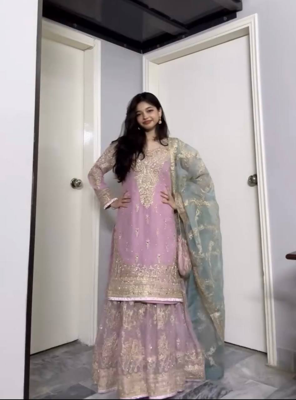 Chic Designer Faux Georgette Top Palazzo and Dupatta with Embroidery and Mirror Accents