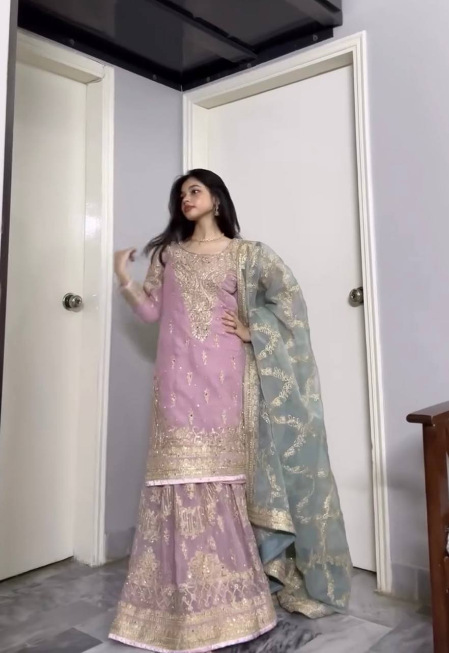 Chic Designer Faux Georgette Top Palazzo and Dupatta with Embroidery and Mirror Accents