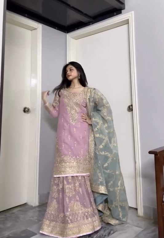 Chic Designer Faux Georgette Top Palazzo and Dupatta with Embroidery and Mirror Accents
