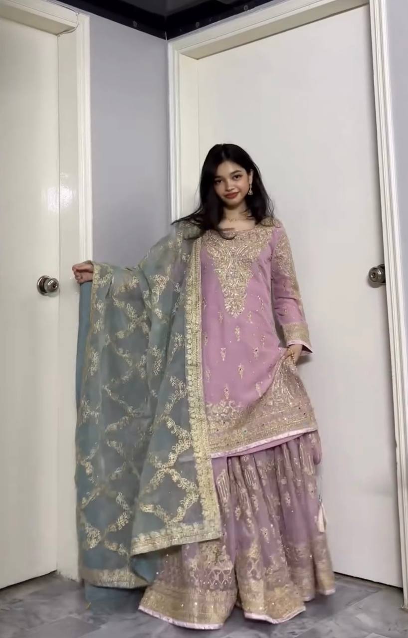 Chic Designer Faux Georgette Top Palazzo and Dupatta with Embroidery and Mirror Accents