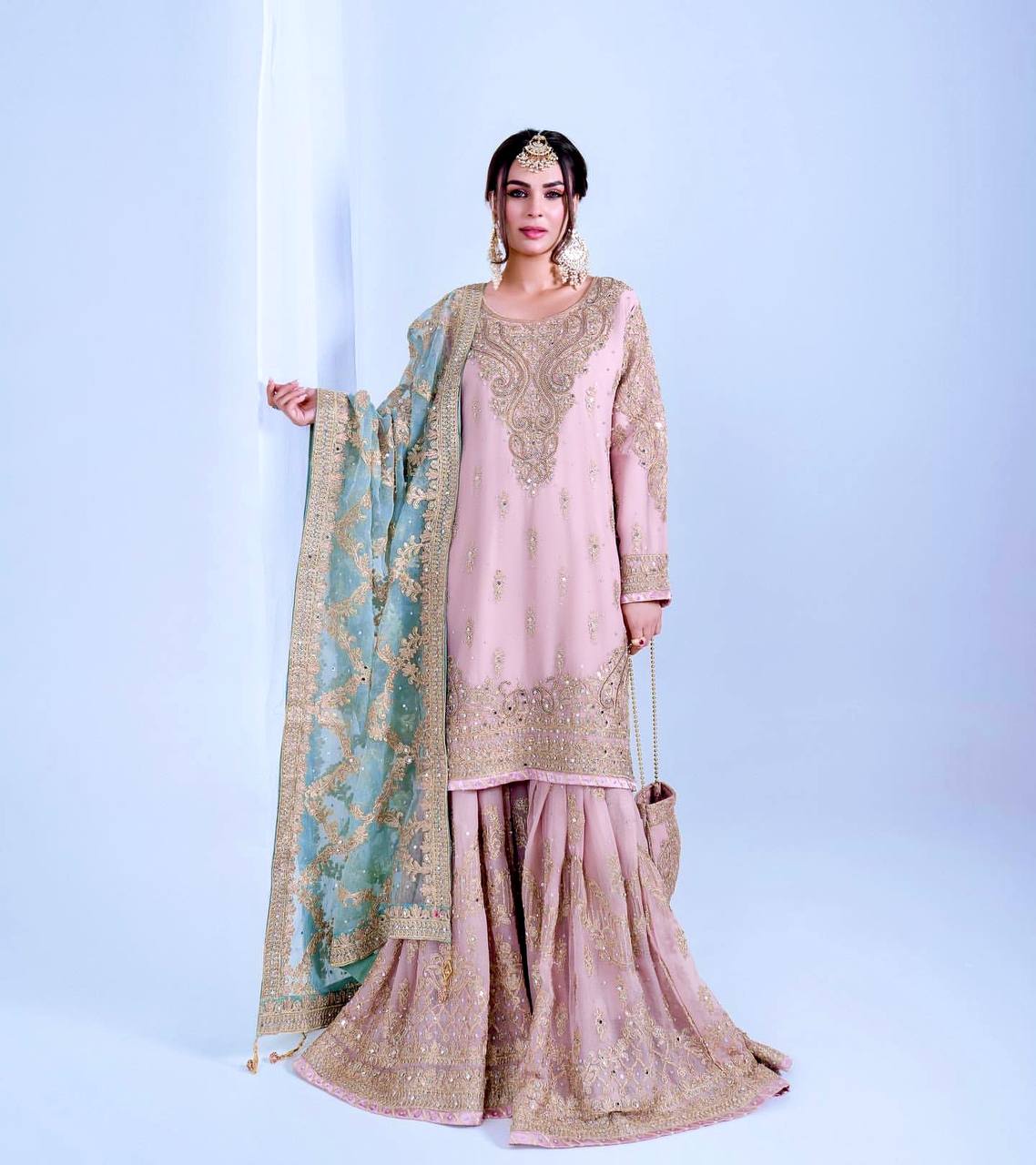 Chic Designer Faux Georgette Top Palazzo and Dupatta with Embroidery and Mirror Accents
