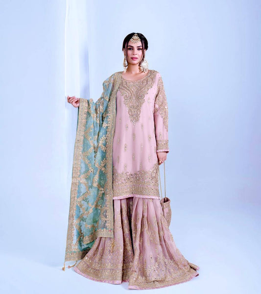 Chic Designer Faux Georgette Top Palazzo and Dupatta with Embroidery and Mirror Accents