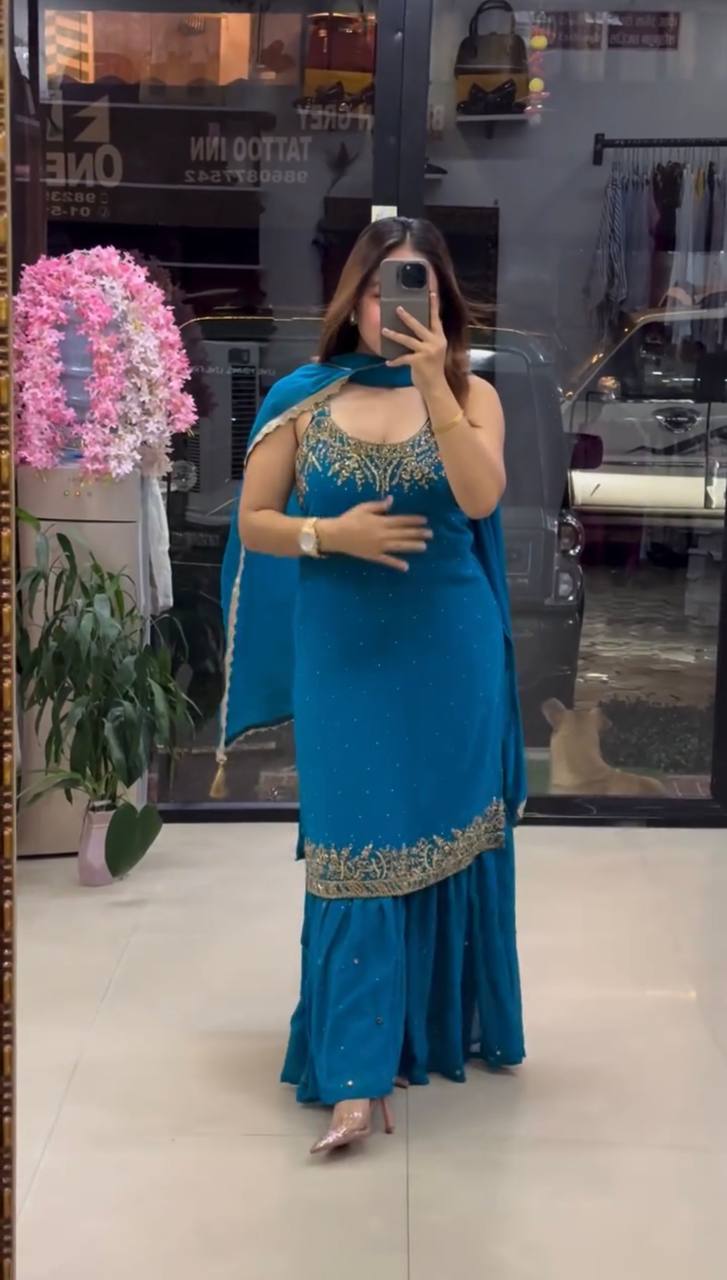 Exclusive Heavy Faux Georgette Sharara Ensemble with Embroidered Top and Dupatta