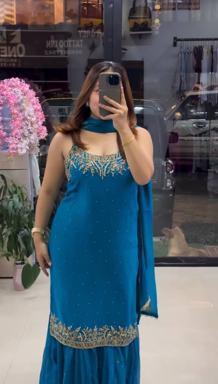 Exclusive Heavy Faux Georgette Sharara Ensemble with Embroidered Top and Dupatta