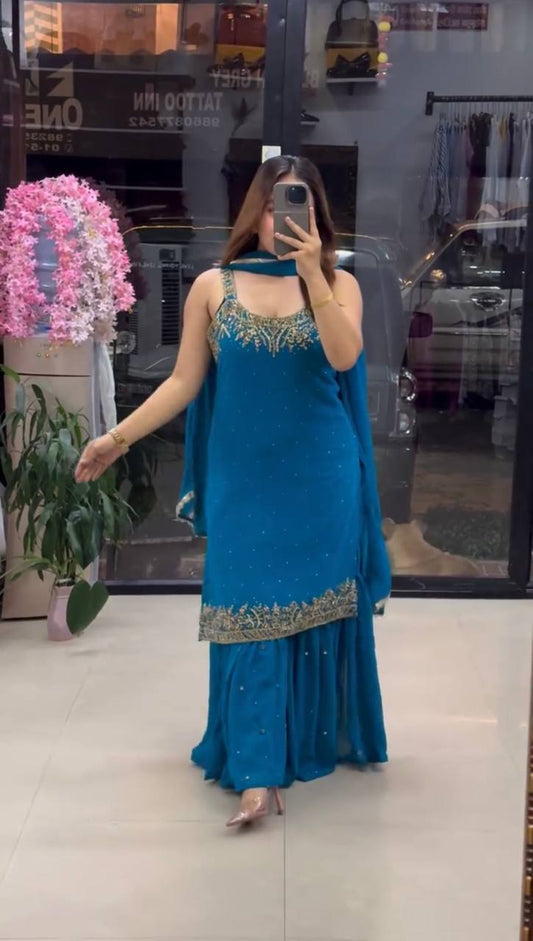 Exclusive Heavy Faux Georgette Sharara Ensemble with Embroidered Top and Dupatta