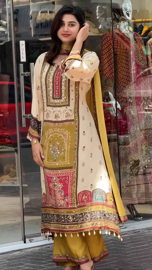 Exclusive Digital Printed Chinon Silk Kurta Ensemble with Real Mirror Hand Work