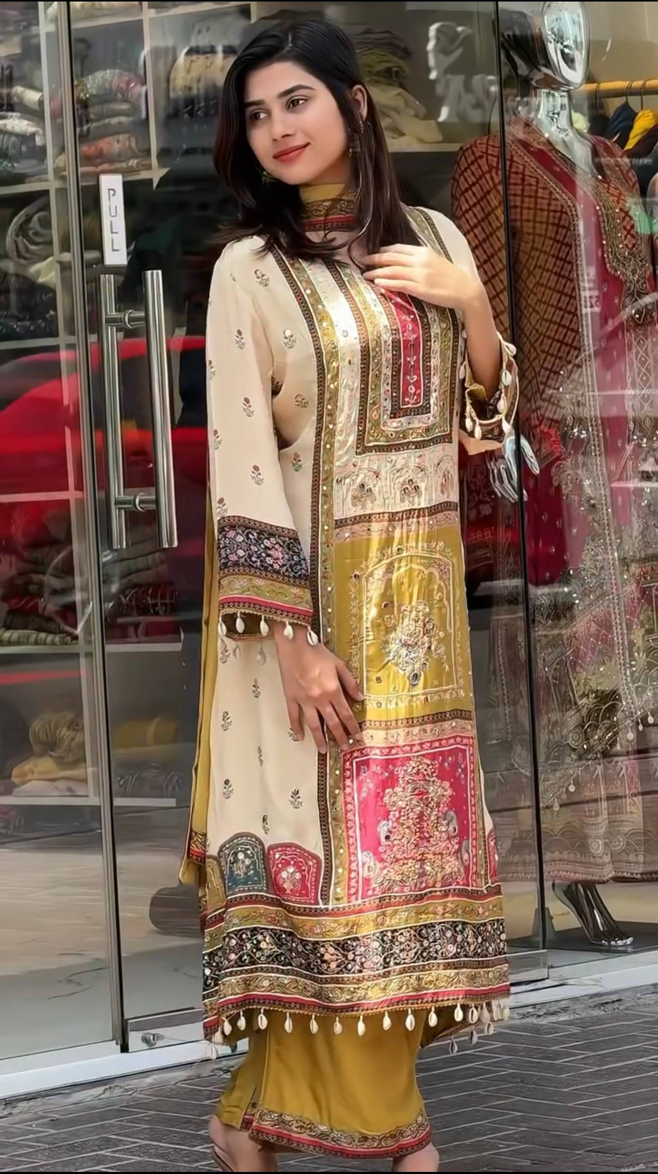 Exclusive Digital Printed Chinon Silk Kurta Ensemble with Real Mirror Hand Work
