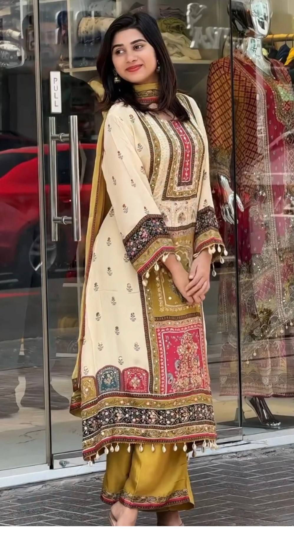 Exclusive Digital Printed Chinon Silk Kurta Ensemble with Real Mirror Hand Work