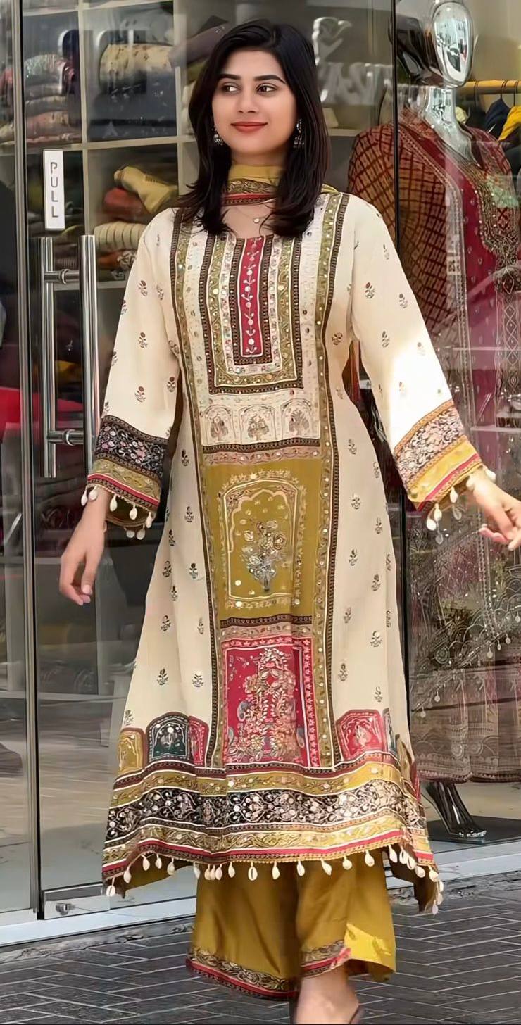 Exclusive Digital Printed Chinon Silk Kurta Ensemble with Real Mirror Hand Work
