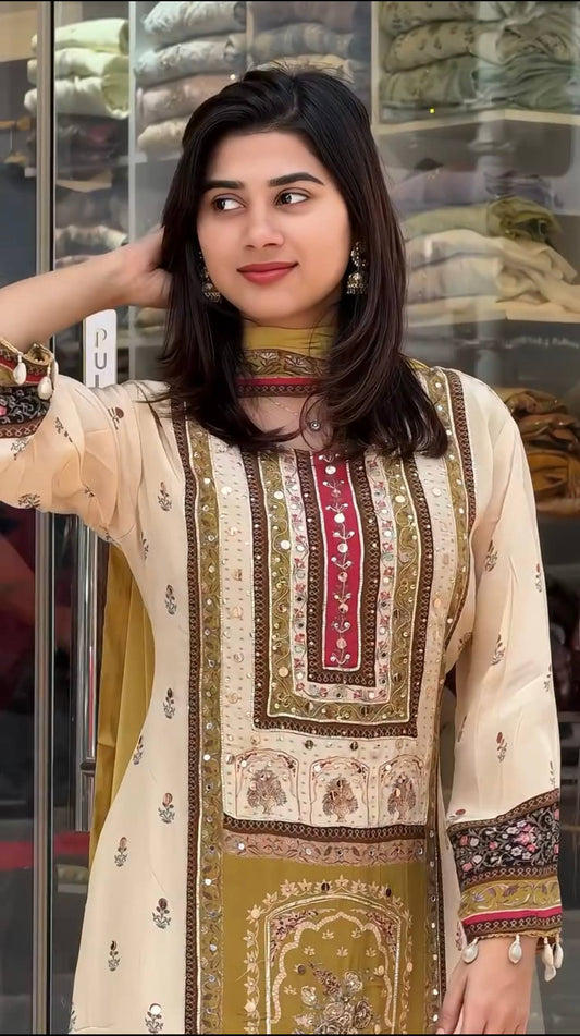 Exclusive Digital Printed Chinon Silk Kurta Ensemble with Real Mirror Hand Work