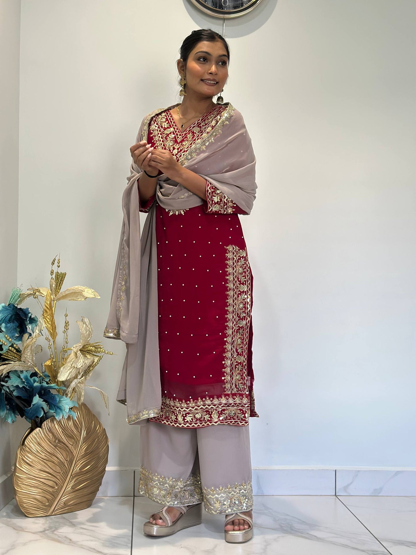 Chic Embroidered Top-Plazzo Set with Matching Dupatta for Special Occasions