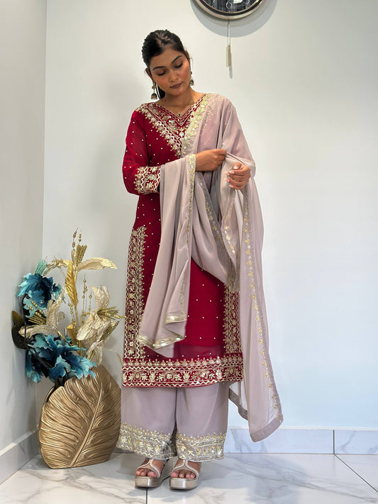 Chic Embroidered Top-Plazzo Set with Matching Dupatta for Special Occasions
