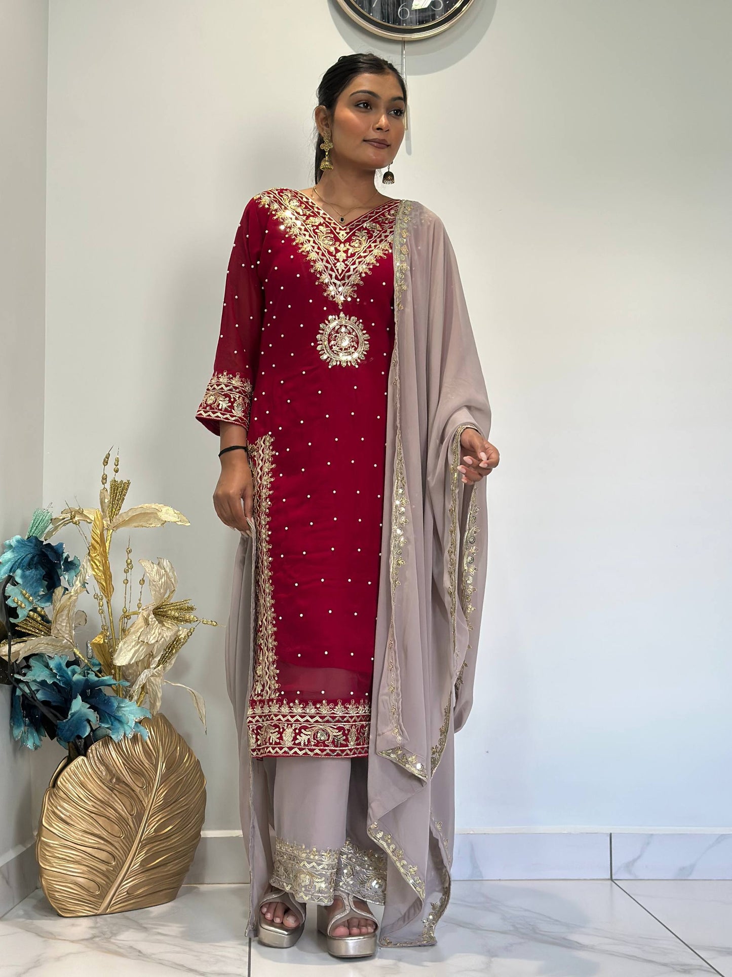 Chic Embroidered Top-Plazzo Set with Matching Dupatta for Special Occasions