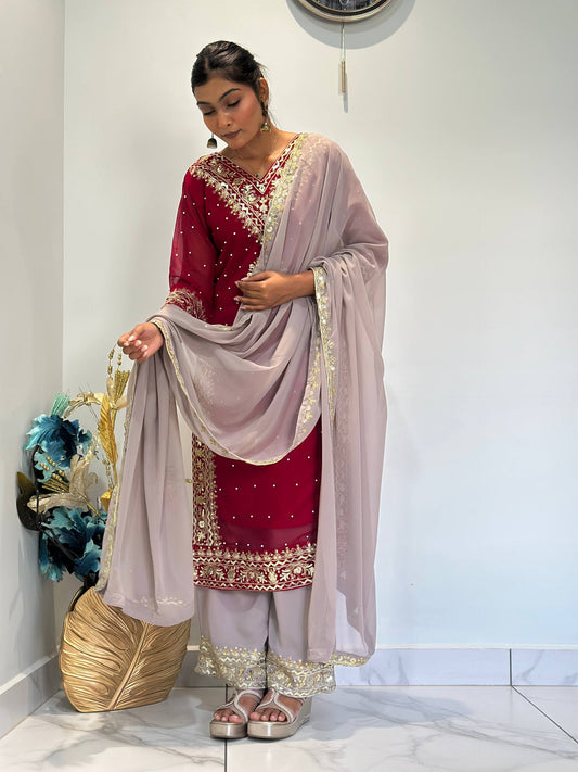 Chic Embroidered Top-Plazzo Set with Matching Dupatta for Special Occasions