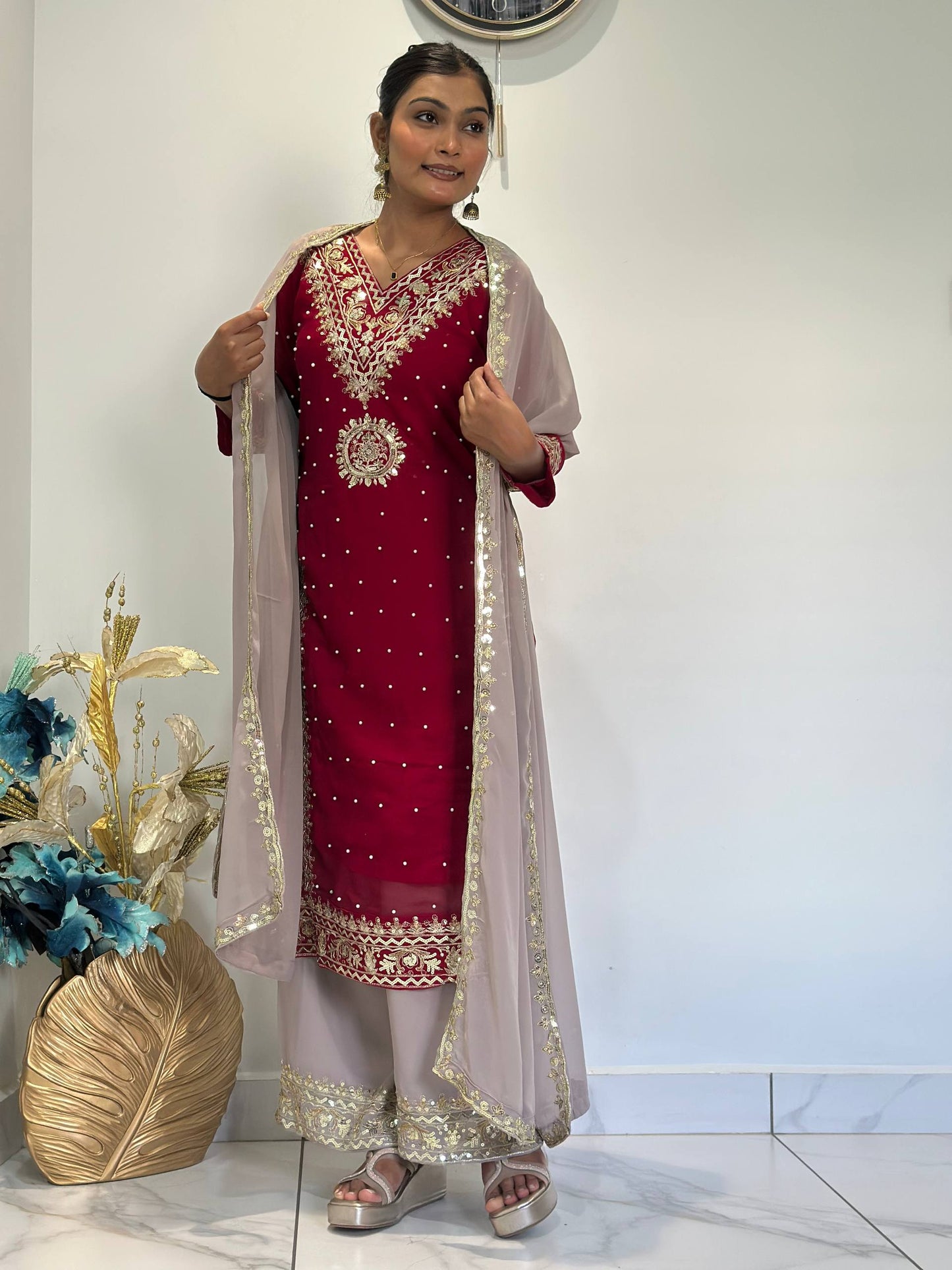 Chic Embroidered Top-Plazzo Set with Matching Dupatta for Special Occasions