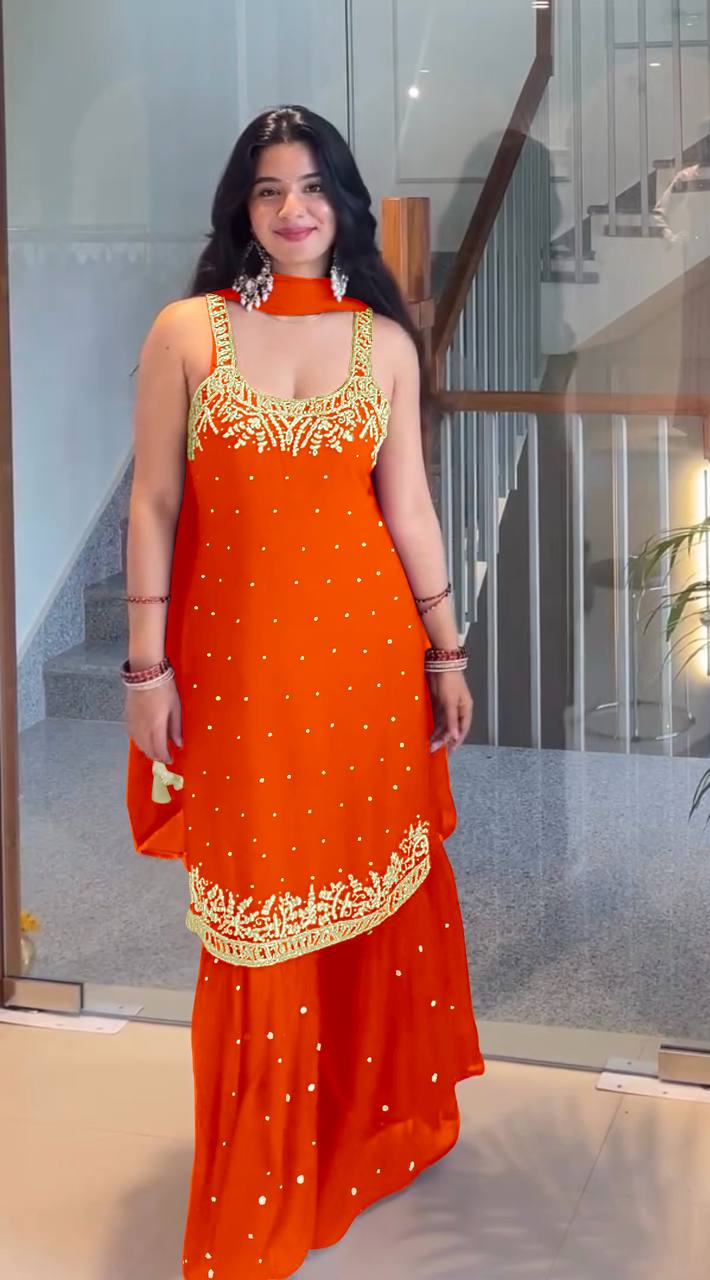 Exclusive Heavy Faux Georgette Sharara Ensemble with Embroidered Top and Dupatta