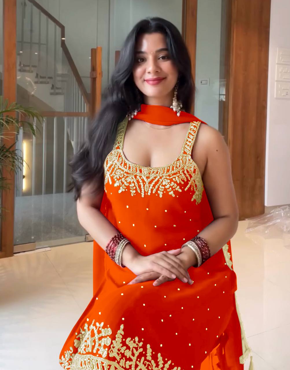 Exclusive Heavy Faux Georgette Sharara Ensemble with Embroidered Top and Dupatta