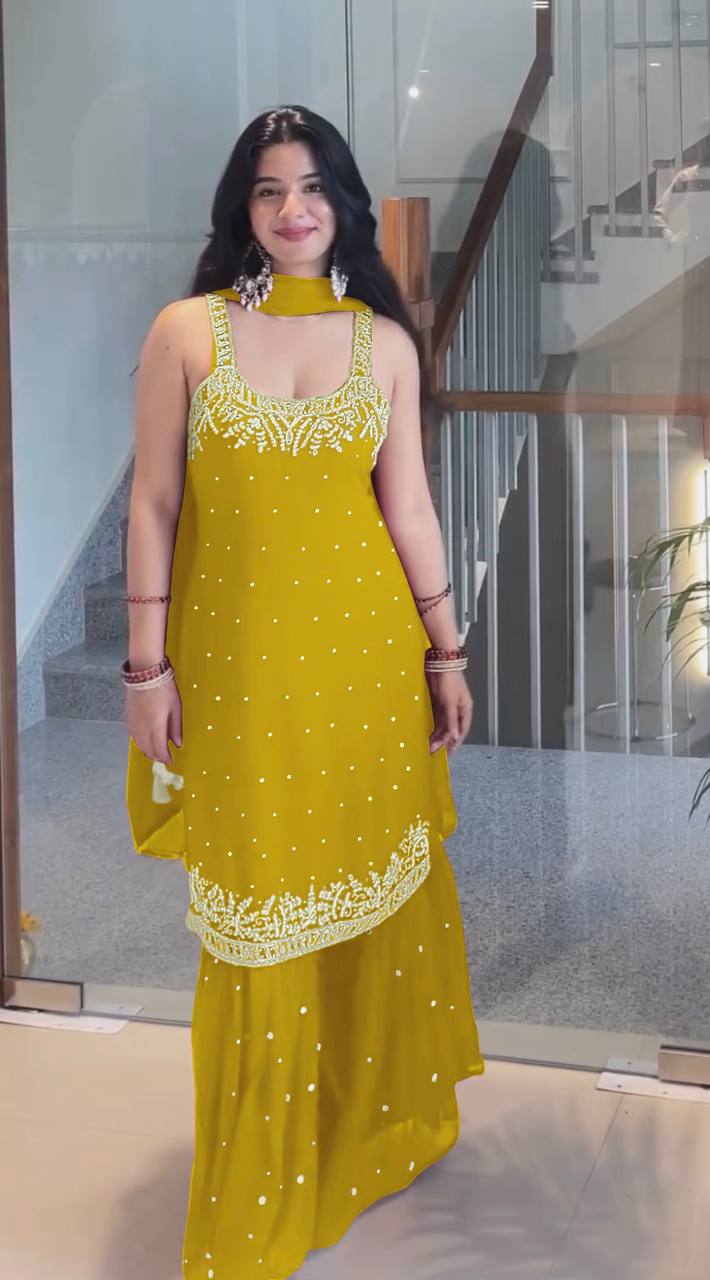 Exclusive Heavy Faux Georgette Sharara Ensemble with Embroidered Top and Dupatta
