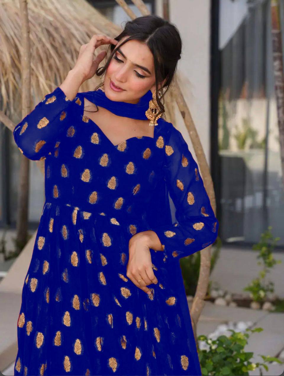 Premium Designer Heavy Faux Georgette Gown & Pant Set with Beautiful Embroidery Work and Graceful Full Sleeves