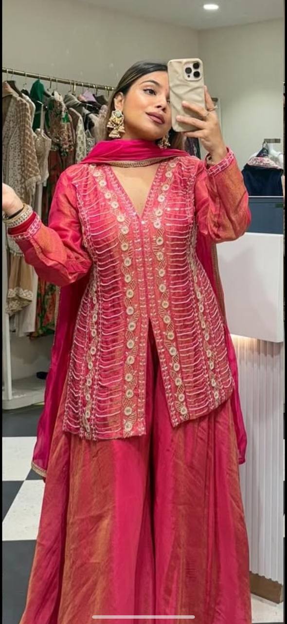 Exclusive Simar Silk Designer Outfit Showcasing Intricate Hand Embroidery and Tabby Silk Dupatta