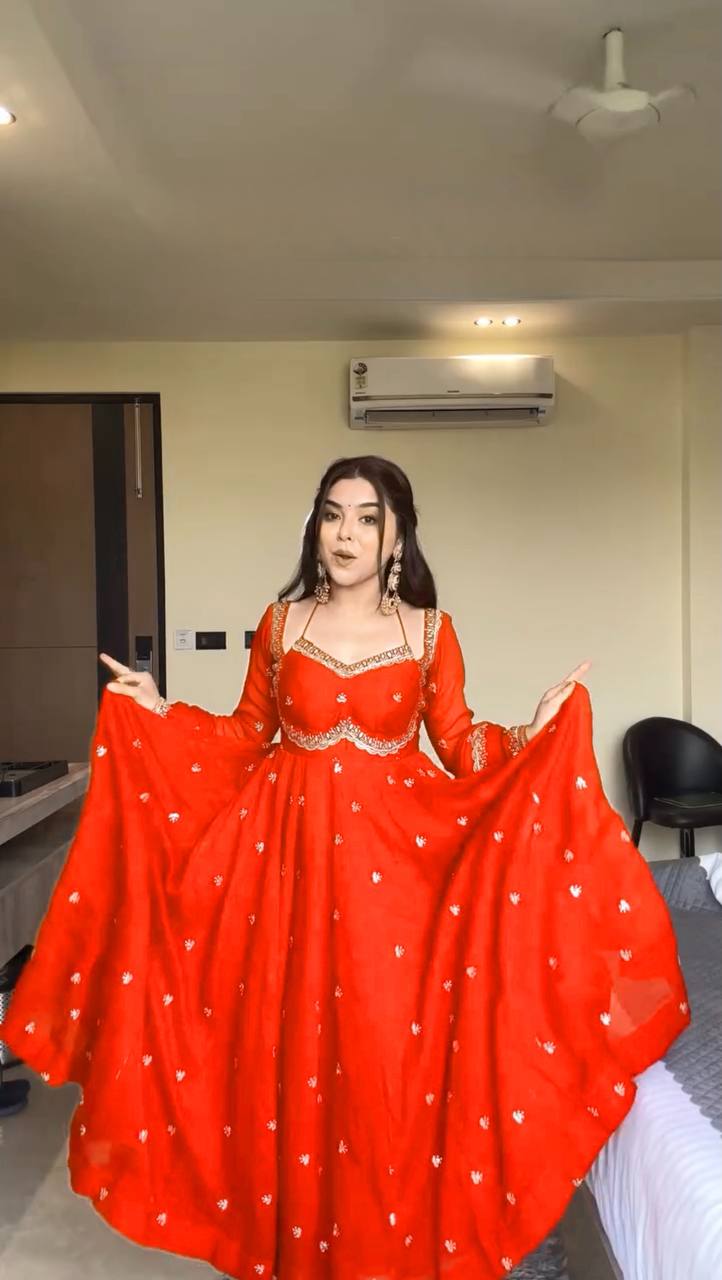 New Designer Party Wear Red Faux Georgette Gown with Heavy Embroidery Work