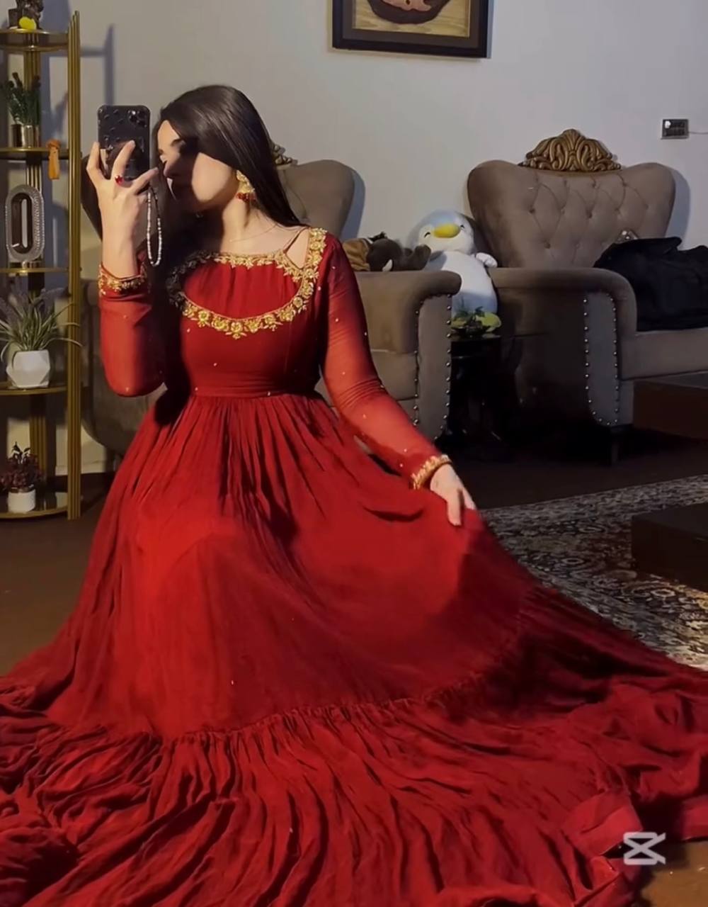 Designer Collection Fancy Faux Georgette Gown With Rivet Moti Embroidery Dupatta And Bottom