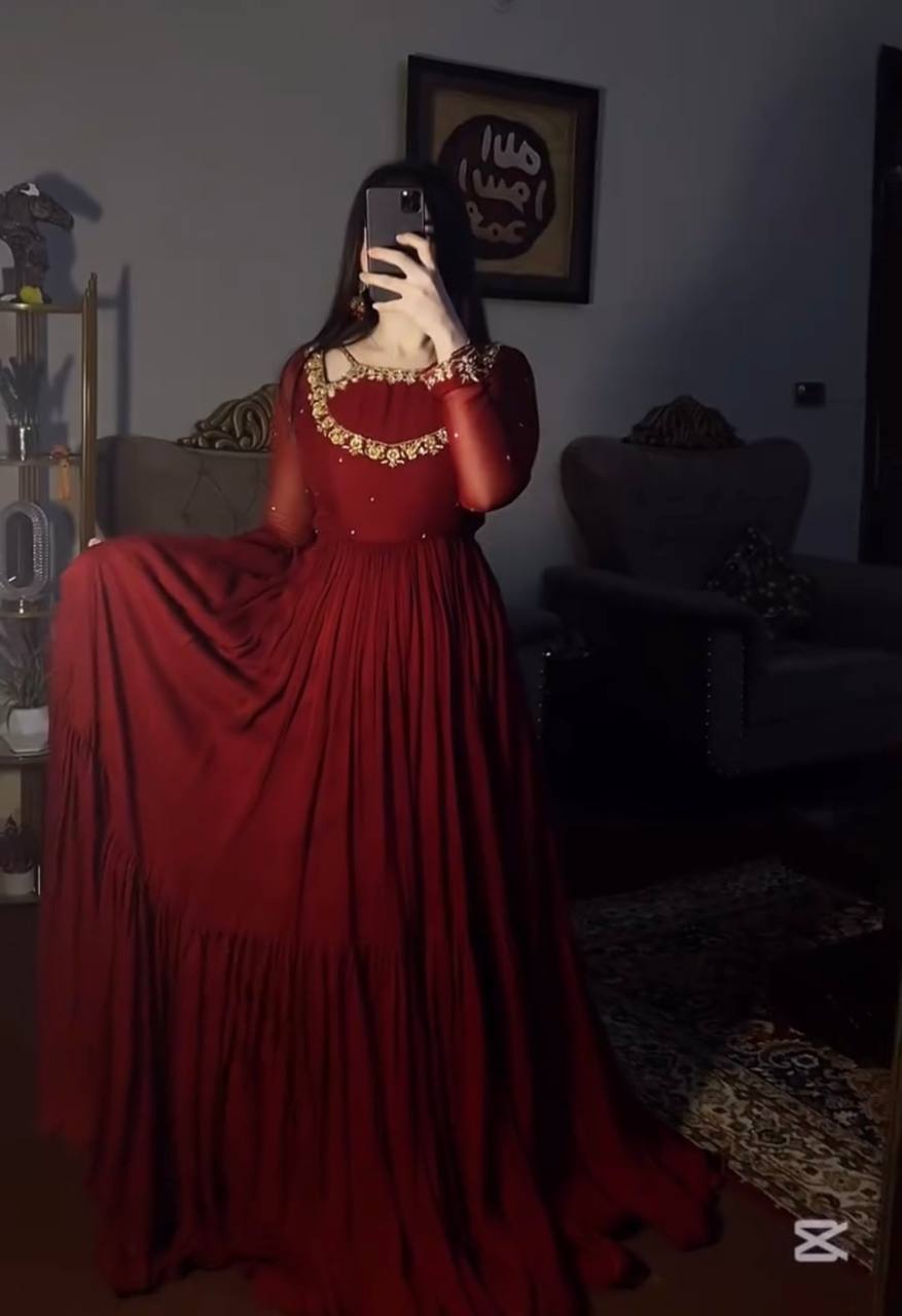 Designer Collection Fancy Faux Georgette Gown With Rivet Moti Embroidery Dupatta And Bottom