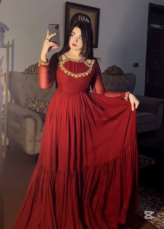 Designer Collection Fancy Faux Georgette Gown With Rivet Moti Embroidery Dupatta And Bottom