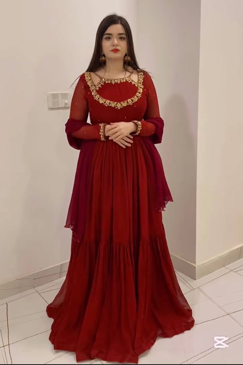 Designer Collection Fancy Faux Georgette Gown With Rivet Moti Embroidery Dupatta And Bottom