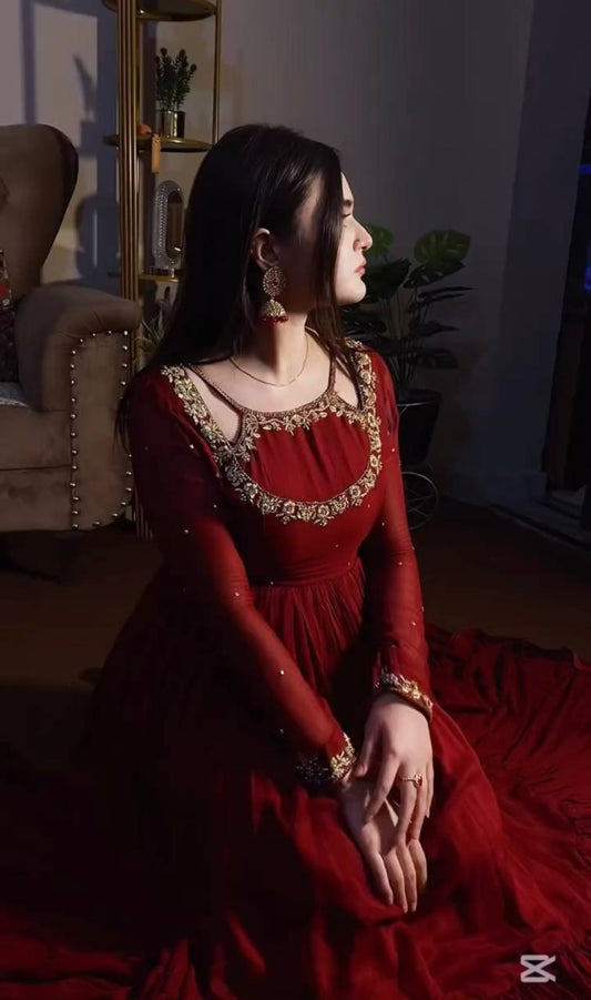 Designer Collection Fancy Faux Georgette Gown With Rivet Moti Embroidery Dupatta And Bottom
