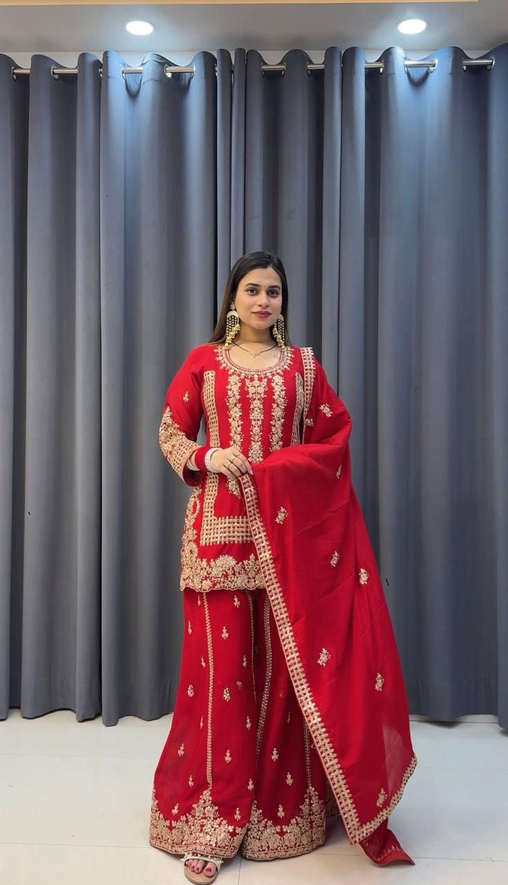 Karwa Chauth Special Heavy Faux Georgette Top-Plazzo Set with Sequence & Embroidery Work