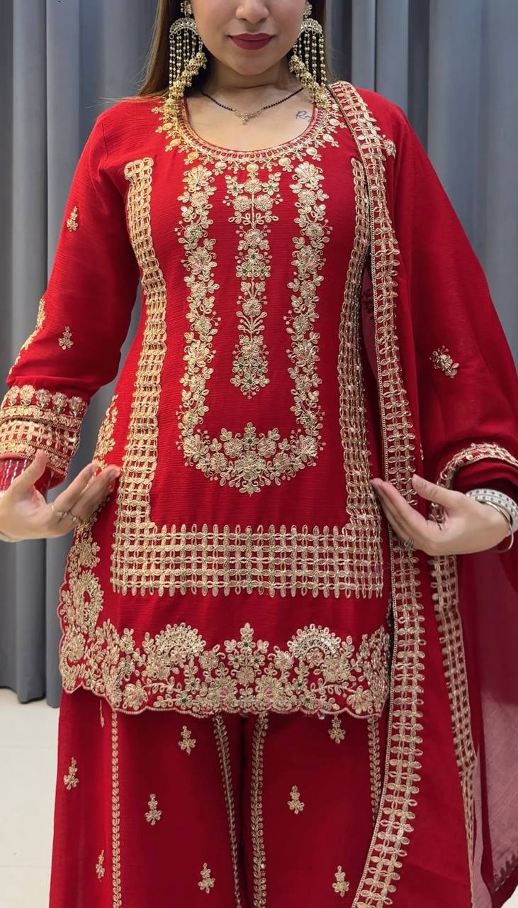 Karwa Chauth Special Heavy Faux Georgette Top-Plazzo Set with Sequence & Embroidery Work