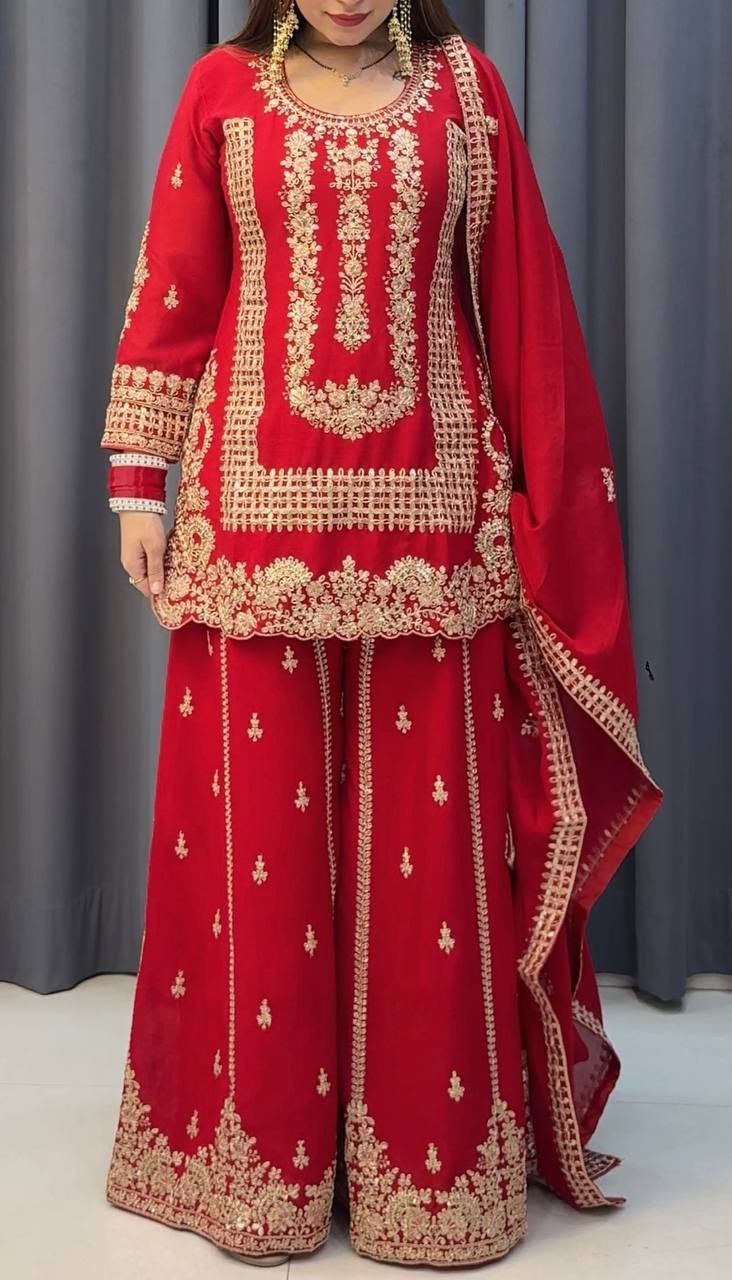 Karwa Chauth Special Heavy Faux Georgette Top-Plazzo Set with Sequence & Embroidery Work
