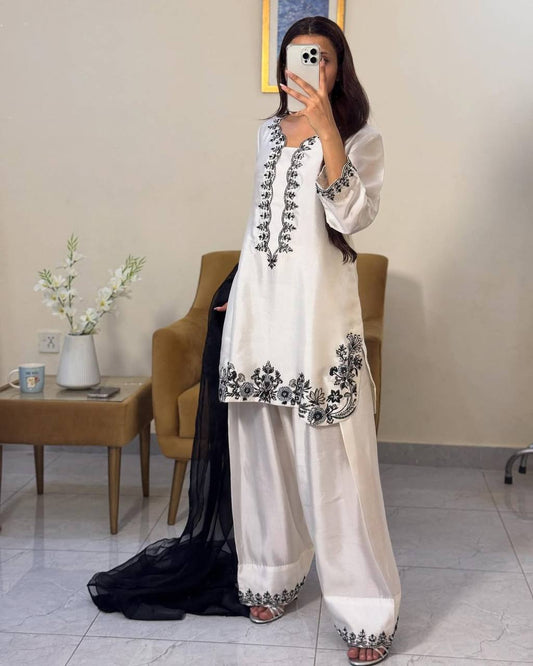 Traditional Modern Farshi Palazzo Style With Hand Embroidered Natural Crepe Top And Dupatta