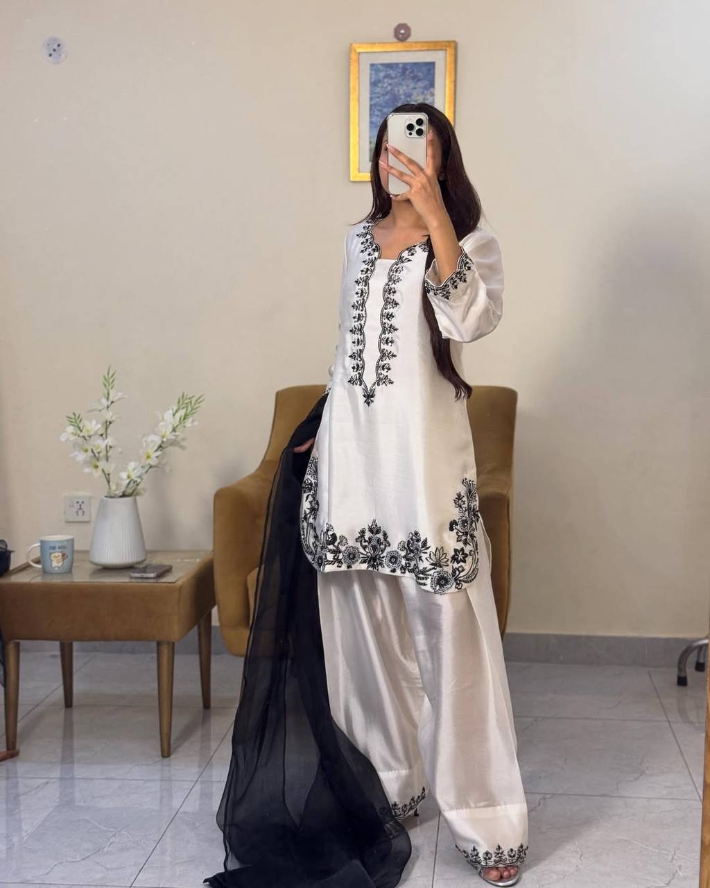 Traditional Modern Farshi Palazzo Style With Hand Embroidered Natural Crepe Top And Dupatta