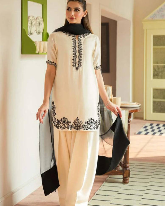 Traditional Modern Farshi Palazzo Style With Hand Embroidered Natural Crepe Top And Dupatta