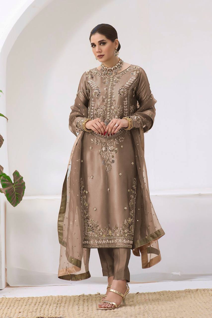 Aditi Fully Stitched Jimmy Choo Silk Top Pant Dupatta Set with Elegant Embroidery