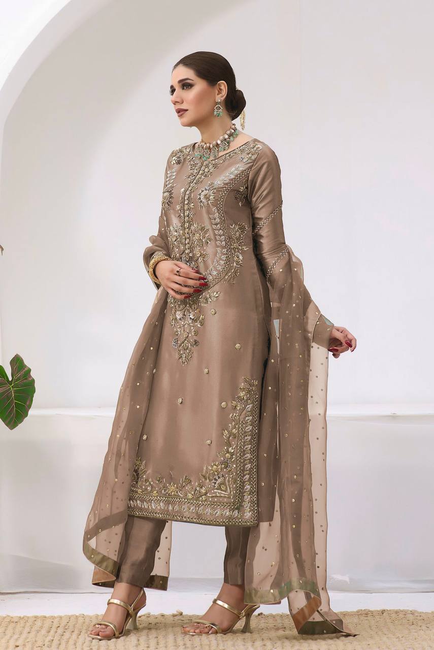 Aditi Fully Stitched Jimmy Choo Silk Top Pant Dupatta Set with Elegant Embroidery