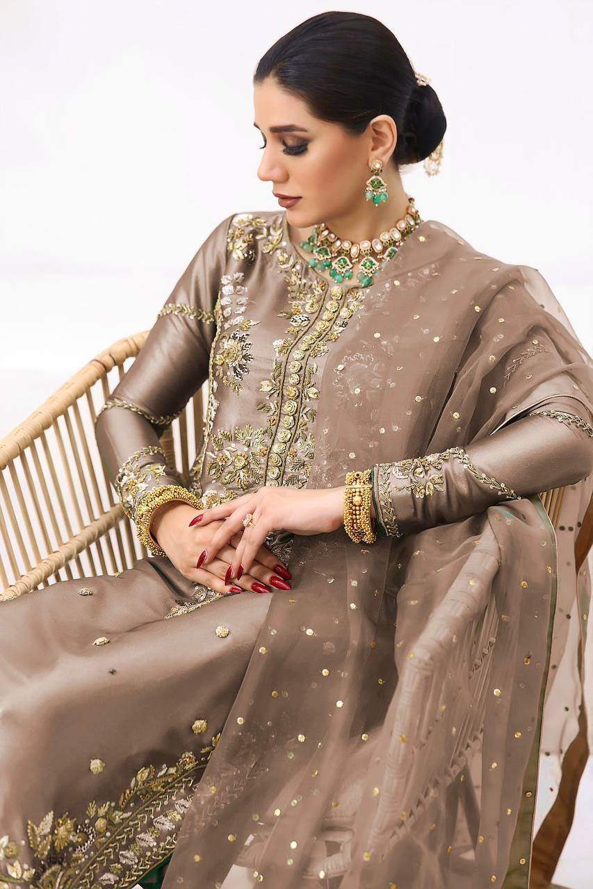 Aditi Fully Stitched Jimmy Choo Silk Top Pant Dupatta Set with Elegant Embroidery