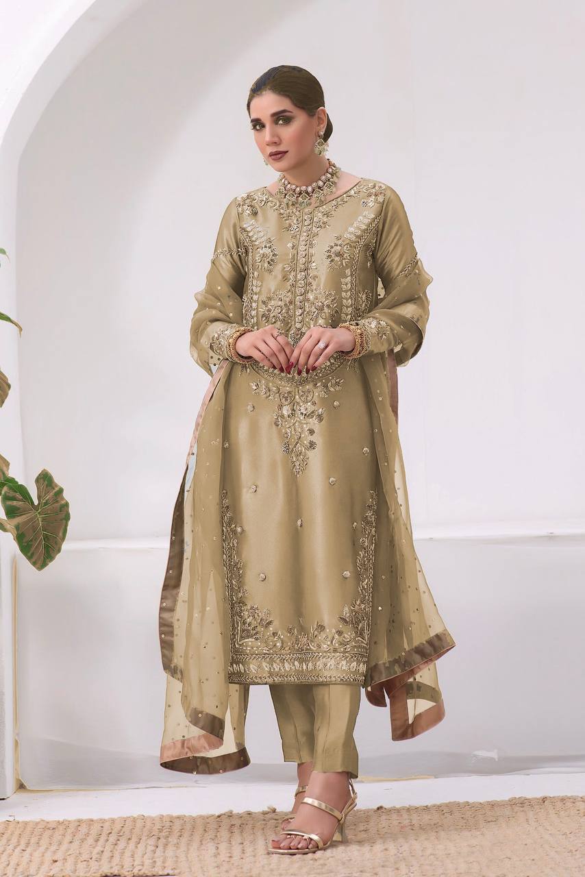 Aditi Fully Stitched Jimmy Choo Silk Top Pant Dupatta Set with Elegant Embroidery