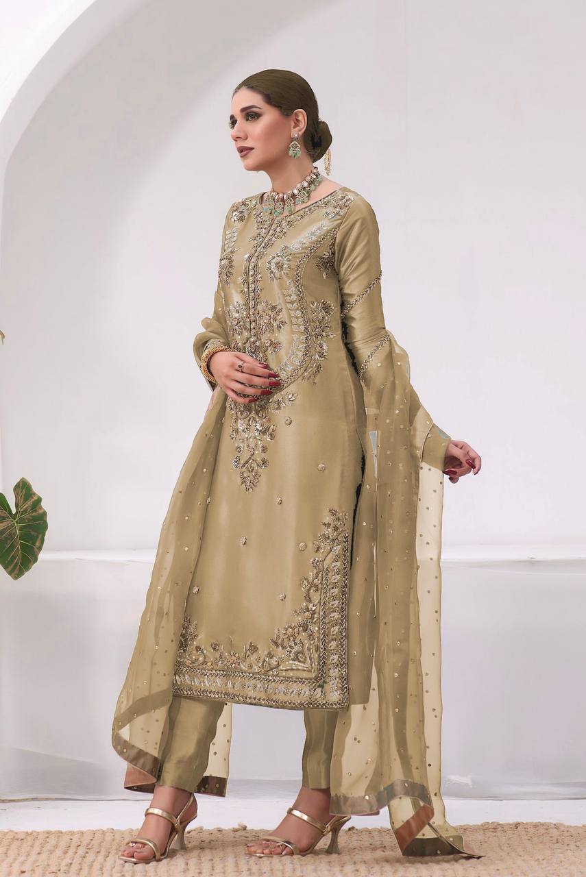 Aditi Fully Stitched Jimmy Choo Silk Top Pant Dupatta Set with Elegant Embroidery