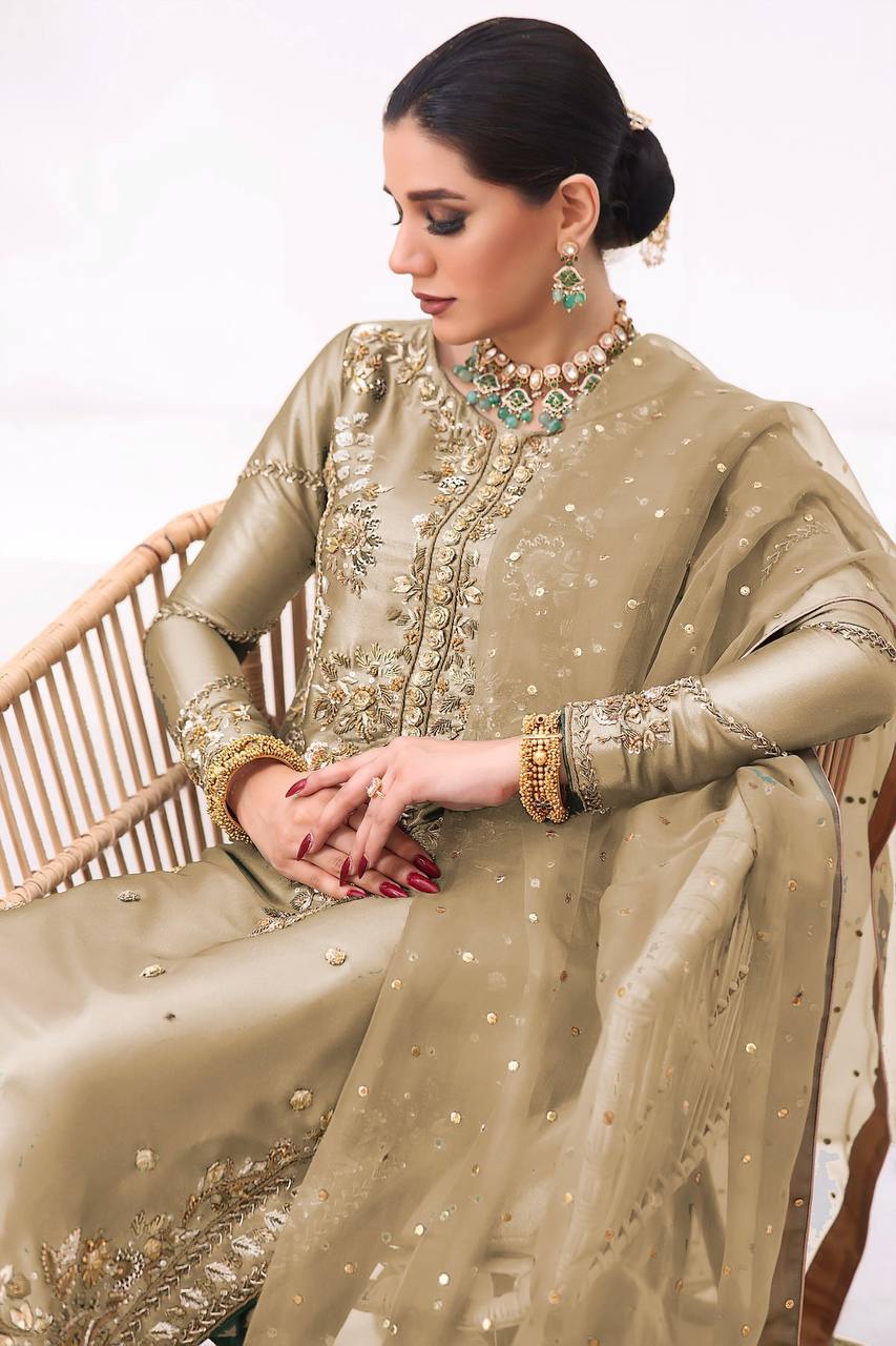Aditi Fully Stitched Jimmy Choo Silk Top Pant Dupatta Set with Elegant Embroidery