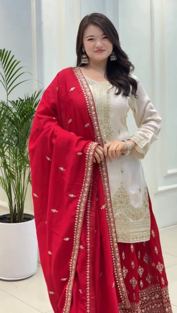 Elegant Pure Chinon Silk Top With Embroidery And Sequence Work Plazzo And Dupatta Ensemble