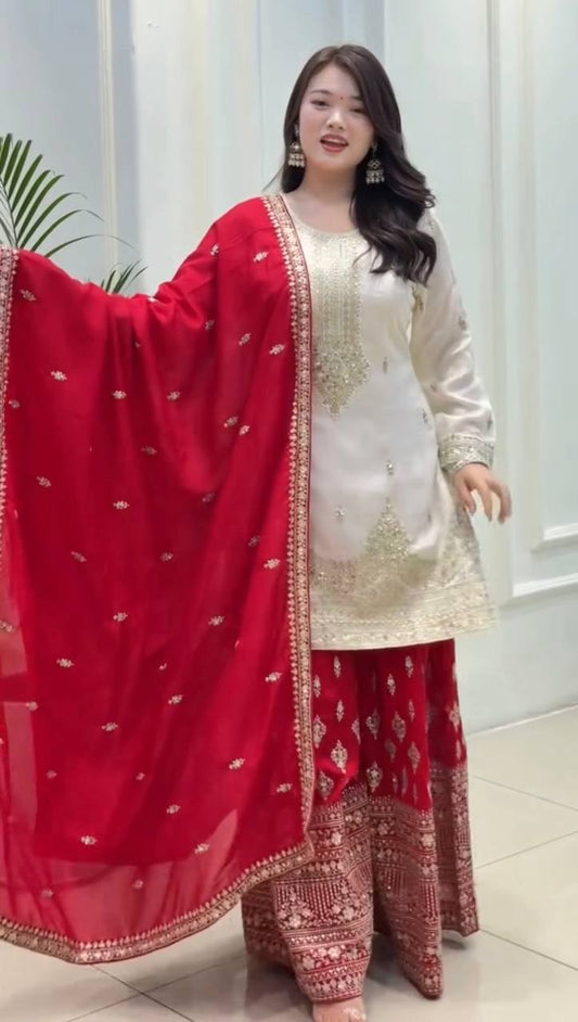 Elegant Pure Chinon Silk Top With Embroidery And Sequence Work Plazzo And Dupatta Ensemble