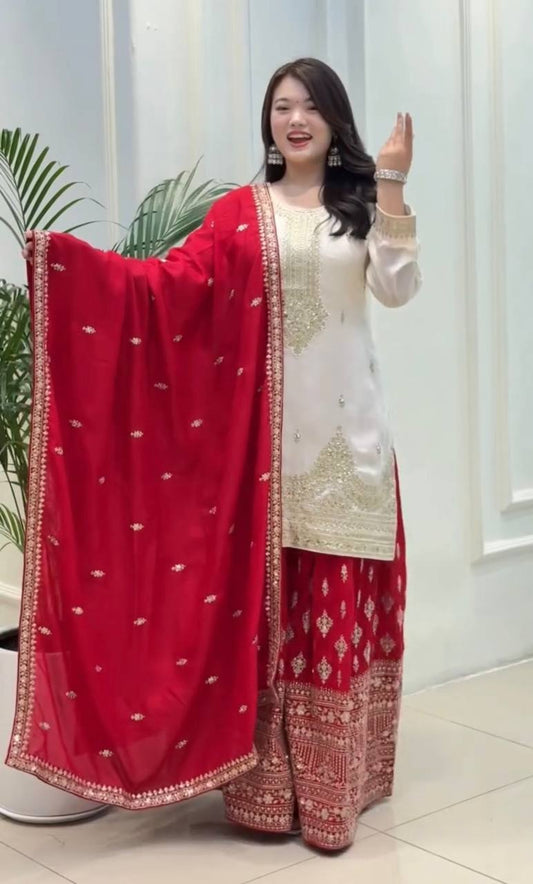 Elegant Pure Chinon Silk Top With Embroidery And Sequence Work Plazzo And Dupatta Ensemble