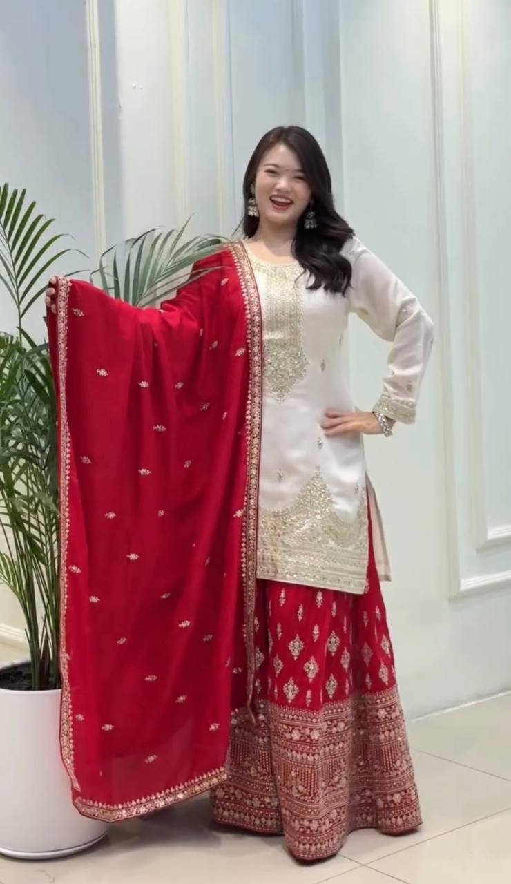 Elegant Pure Chinon Silk Top With Embroidery And Sequence Work Plazzo And Dupatta Ensemble