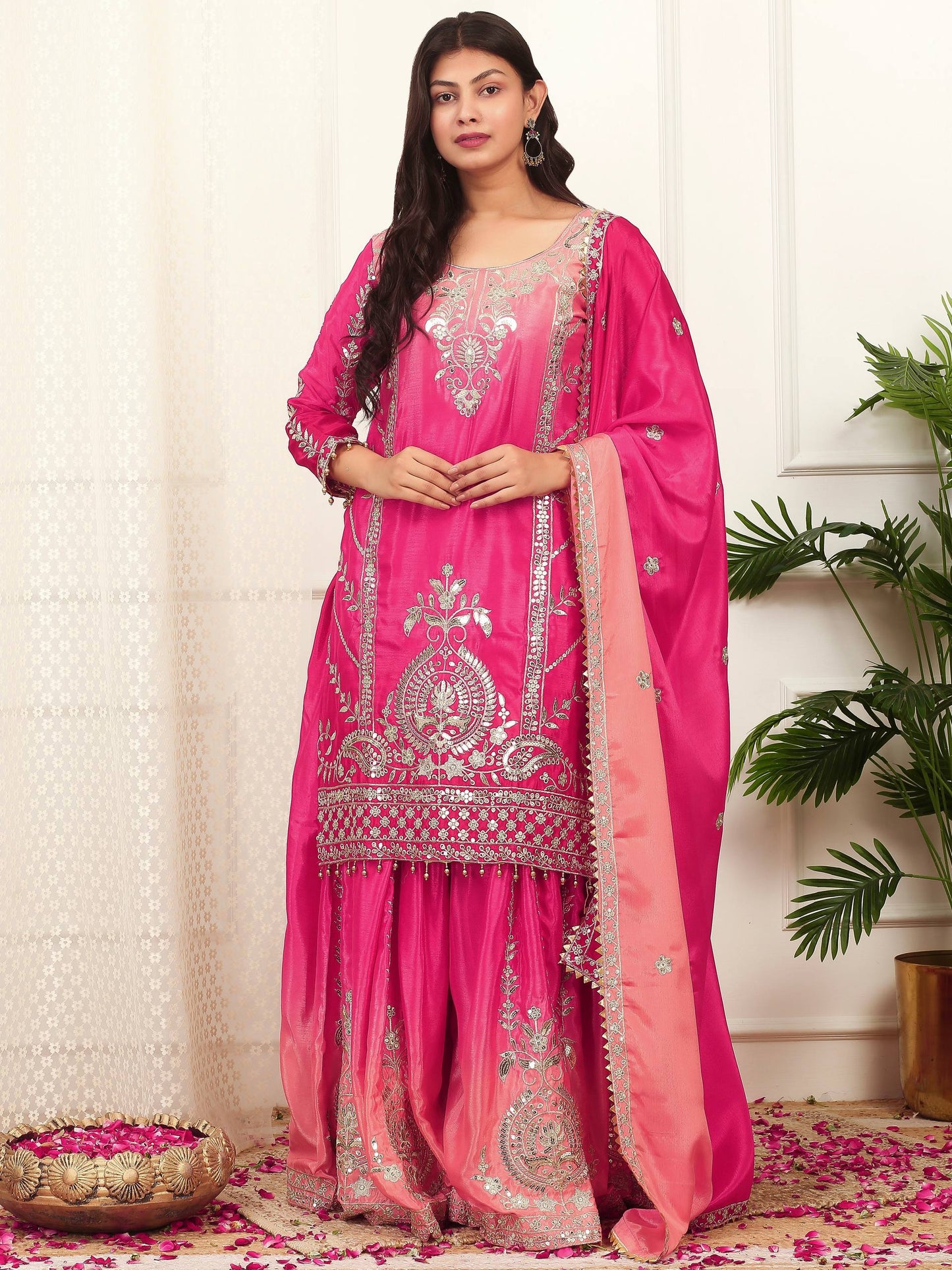 Exclusive Designer Collection Shaded Chinon Silk Top-Plazzo Set With Heavy Embroidery Detailing