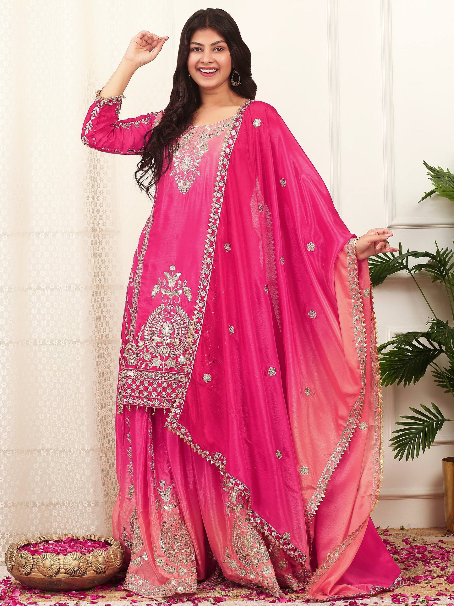 Exclusive Designer Collection Shaded Chinon Silk Top-Plazzo Set With Heavy Embroidery Detailing
