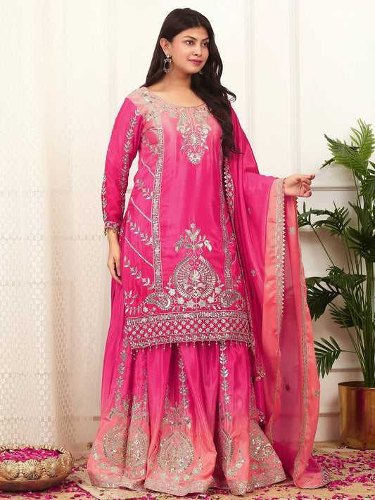 Exclusive Designer Collection Shaded Chinon Silk Top-Plazzo Set With Heavy Embroidery Detailing
