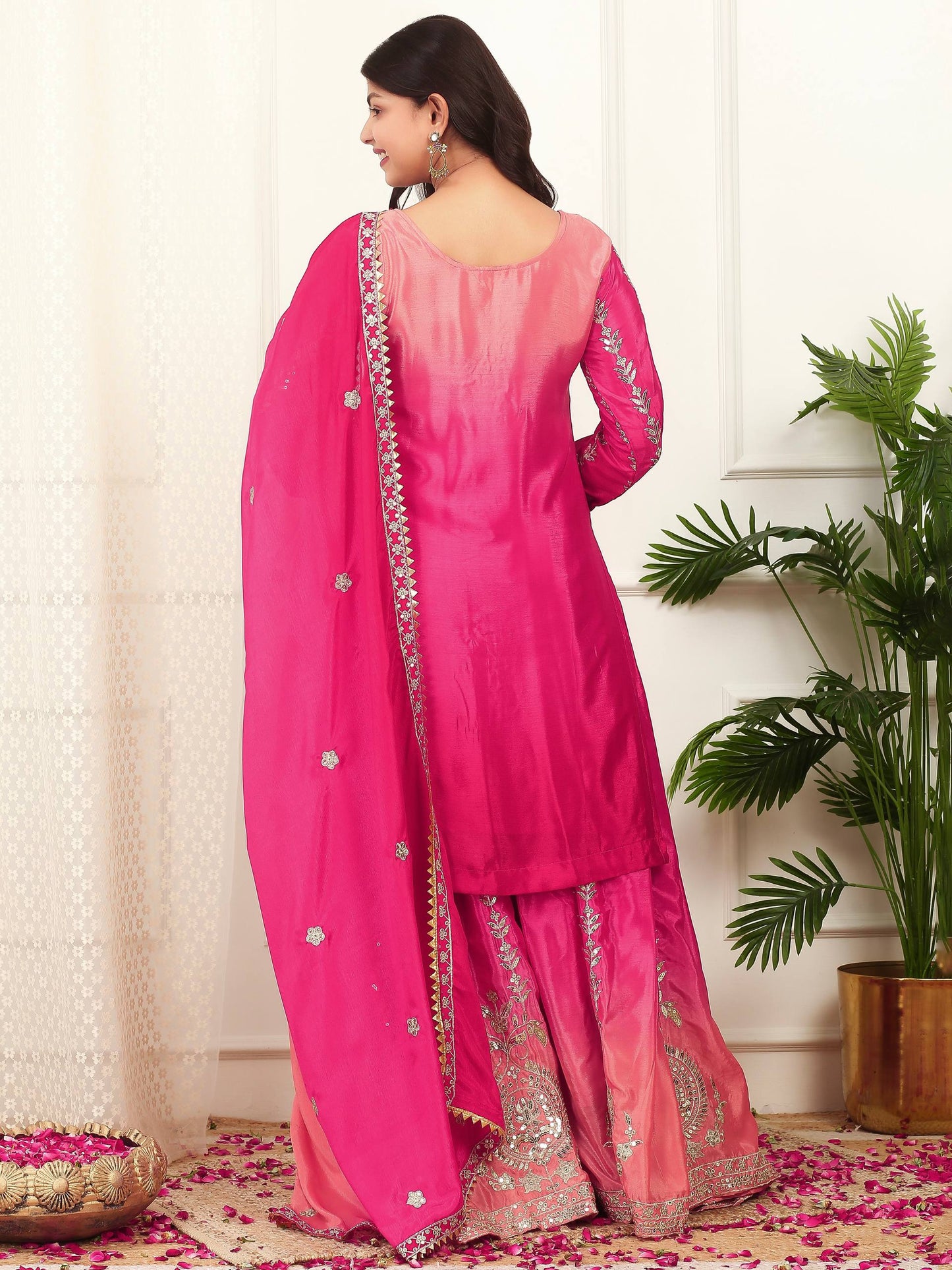 Exclusive Designer Collection Shaded Chinon Silk Top-Plazzo Set With Heavy Embroidery Detailing